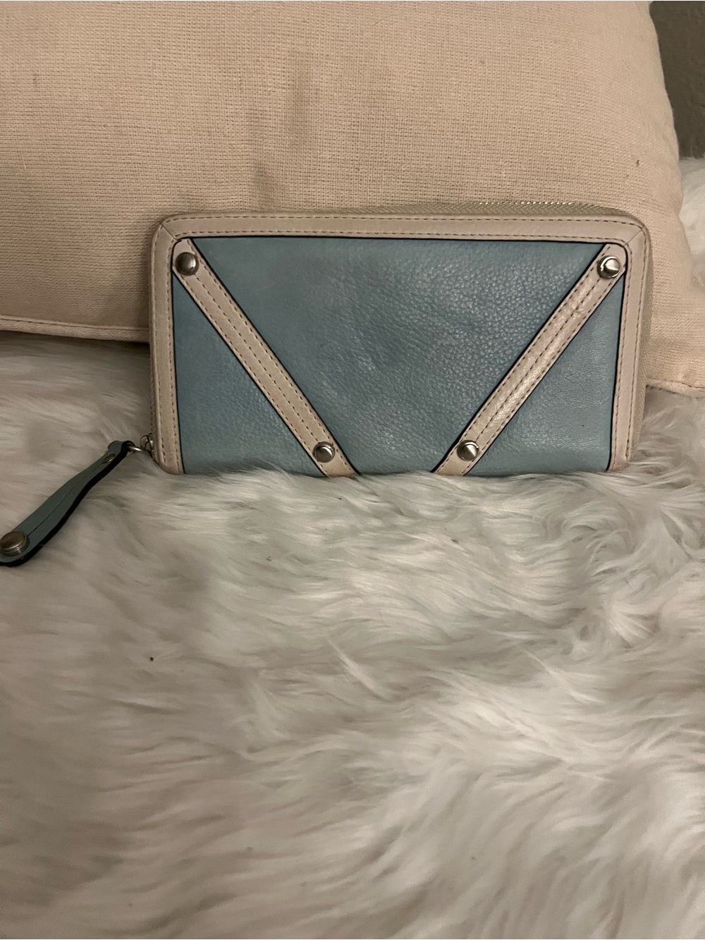 b. makowsky Blue and Cream Zip-Around Leather Wallet